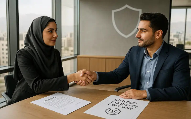 دو شریک جوان ایرانی که در یک دفتر مدرن در تهران دست میدهند، با اوراق قرارداد و لوگوی «شرکت با مسئولیت محدود» روی میز