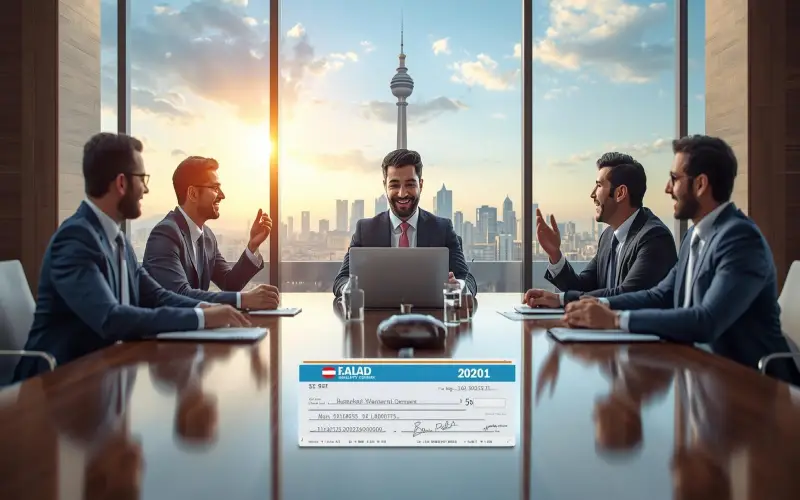 صحنه_ای الهام_بخش از مدیرعامل ایرانی در جلسه هیئت مدیره شرکت مسئولیت محدود، با لپ_تاپ و نمودارهای مالی