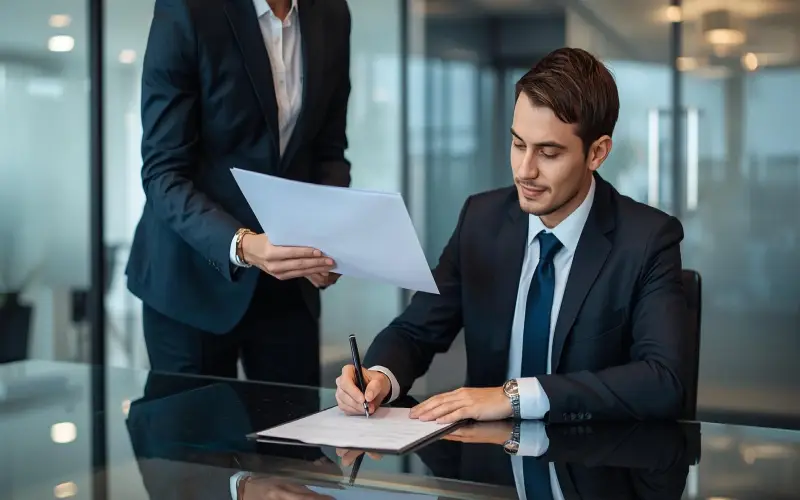 دو کارمند رسمی در حال قرار داد کاری در شرکت با مسئولیت محدود